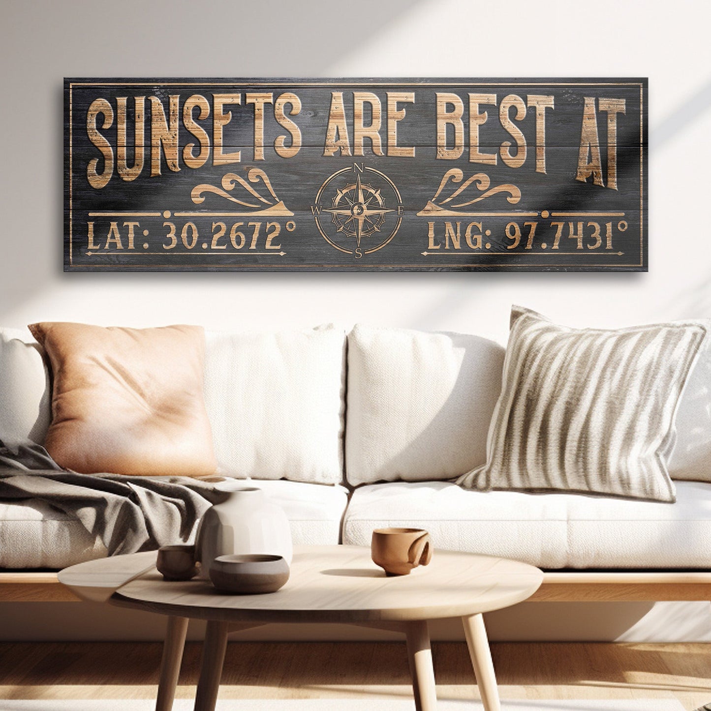 Sunsets Are Best At Coordinates canvas wall art by Tailored Canvases dark wood lettering compass on Tampa Home & Garden Store