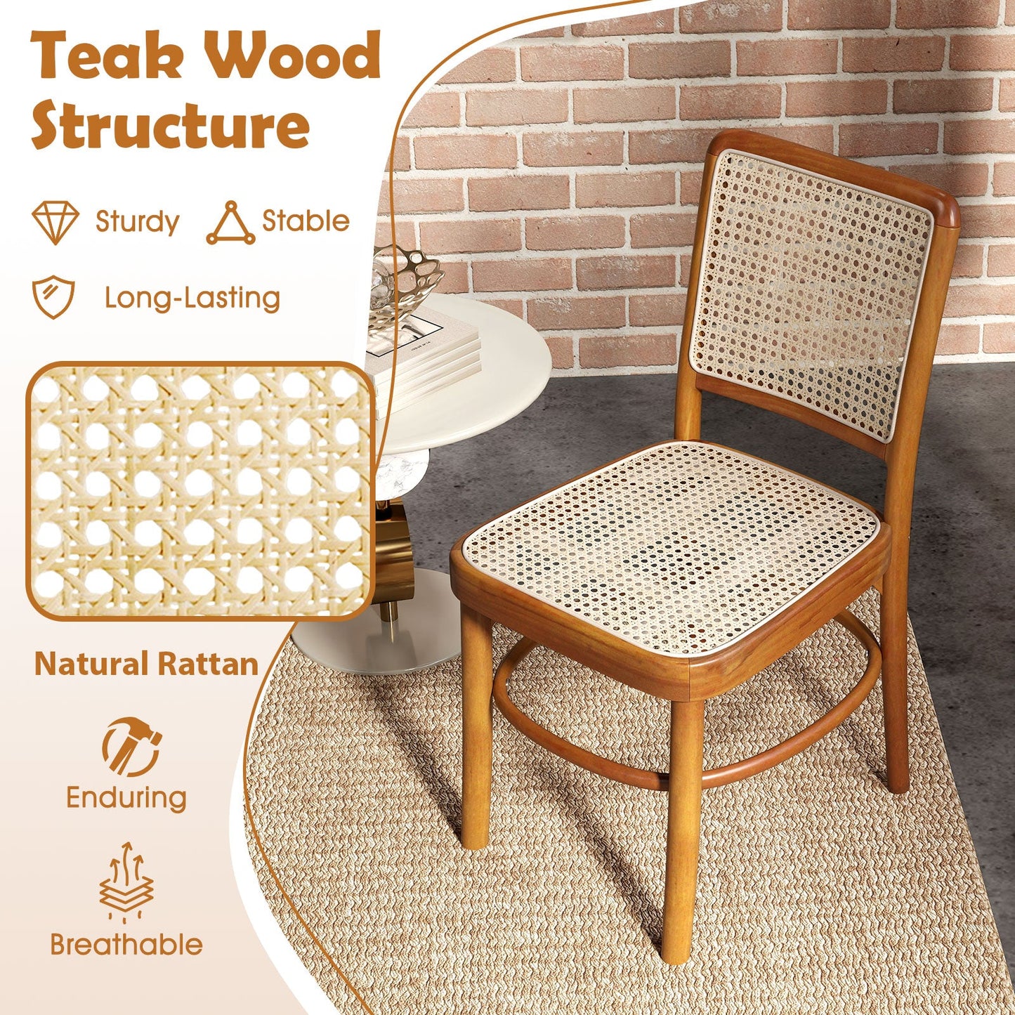 Juego de 2 sillas de comedor Boho de ratán con estructura de madera de teca y reposapiés