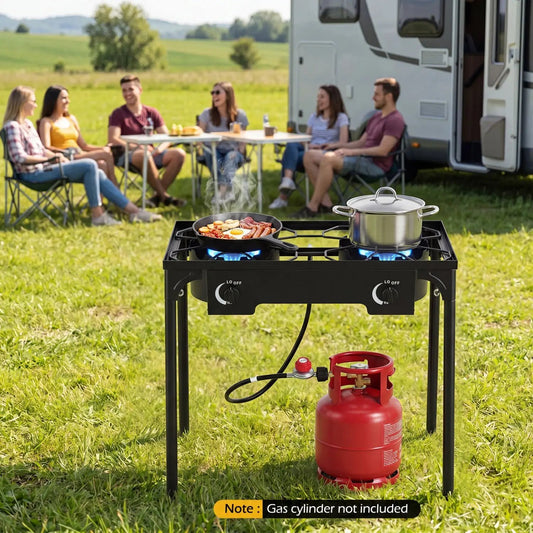 2-burner propane stove with adjustable regulator on camping setup cooking with a pan and pot on Tampa Home & Garden Store