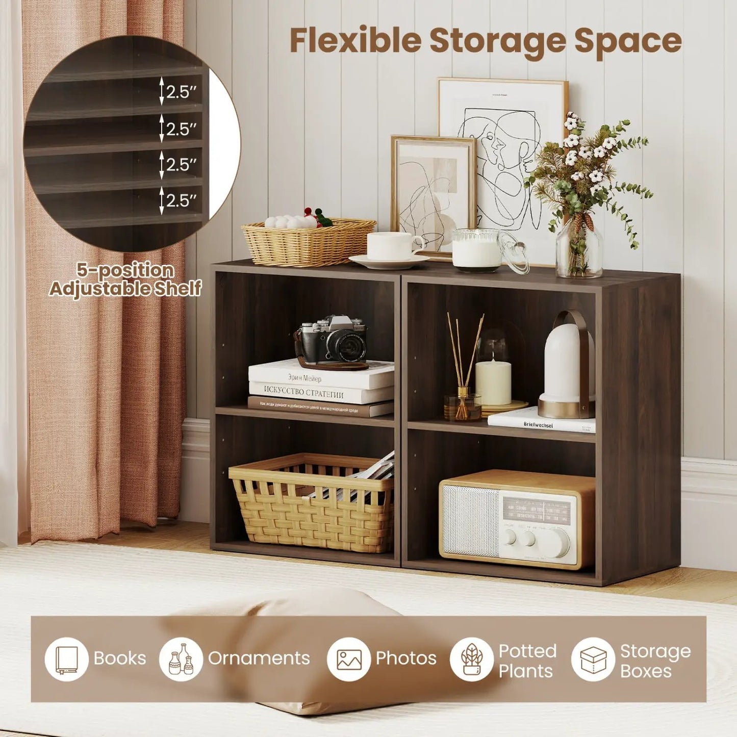 Two Cube Bookshelf Adjustable Shelf Dark Walnut