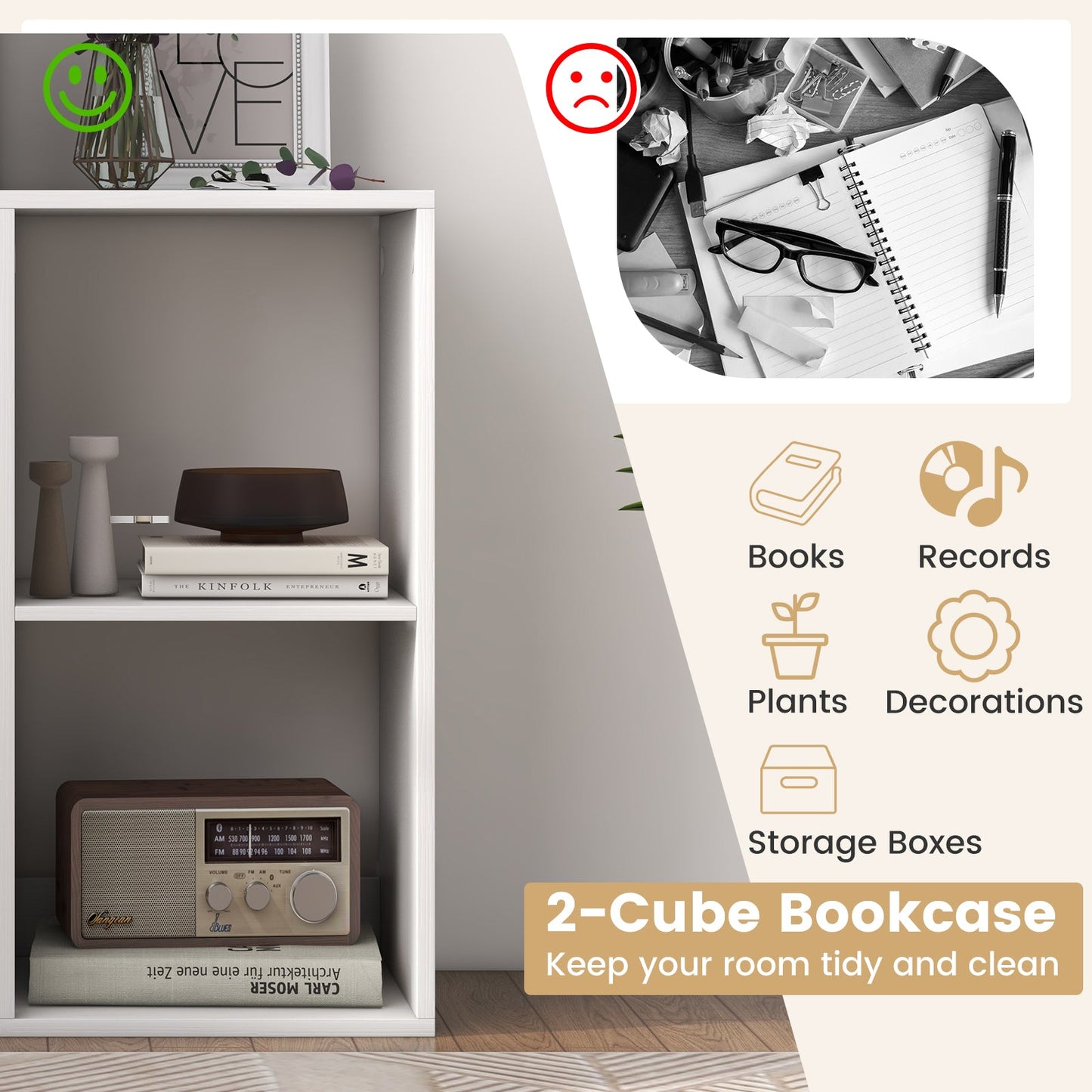 Estantería de 2 cubos con riel trasero para sala de estar dormitorio - Blanco