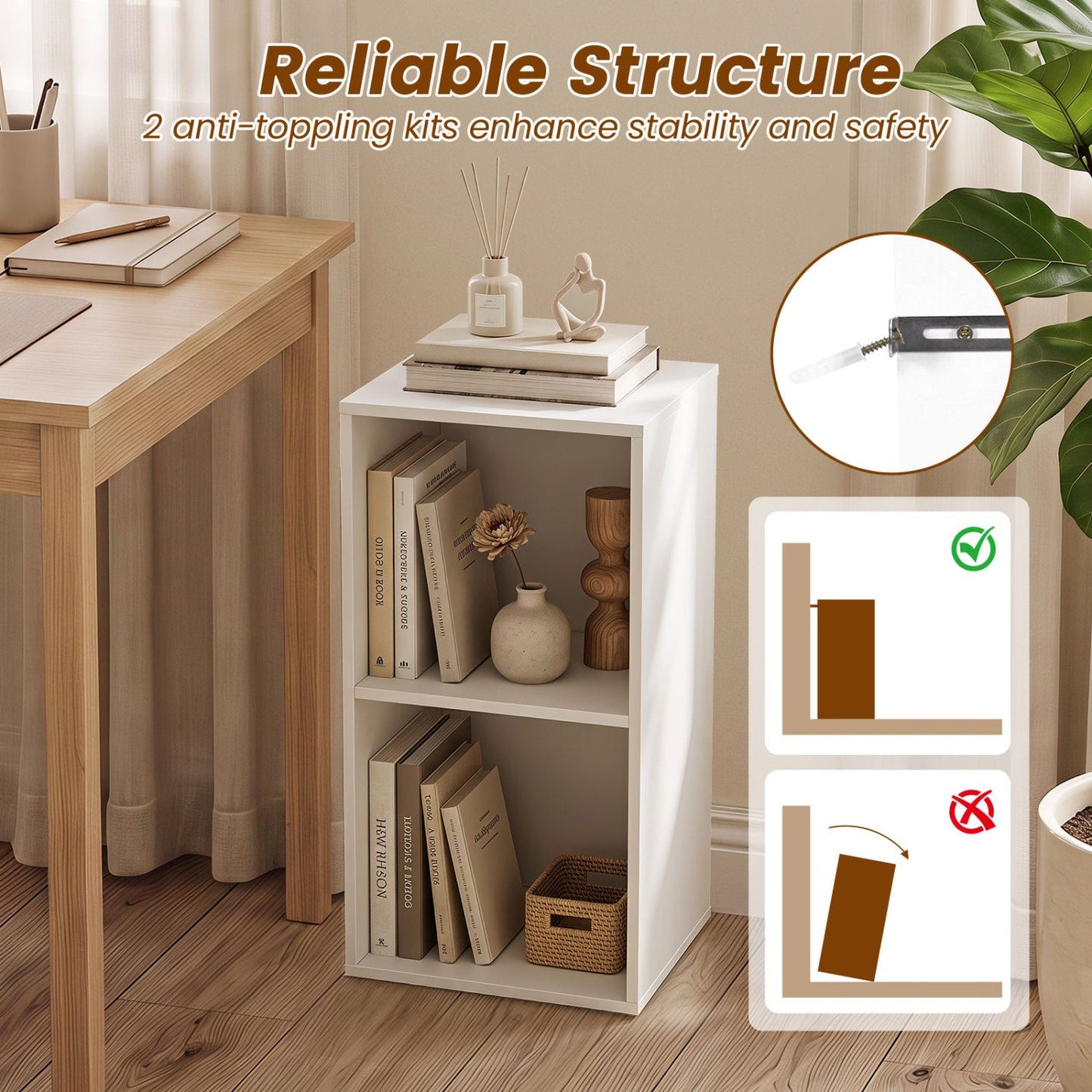 2-Cube Bookshelf White by DirectDeals with anti-tipping kit, compact white storage beside a wooden desk on Tampa Home & Garden Store