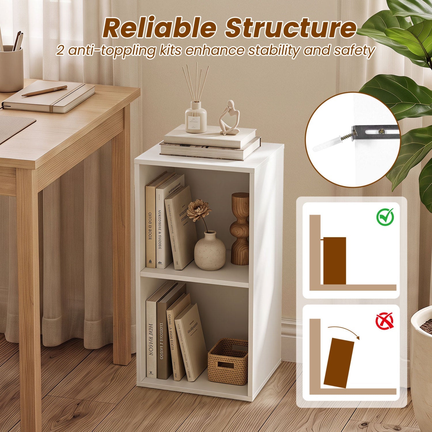 2-Cube Bookshelf White by DirectDeals with anti-tipping kit, compact white storage beside a wooden desk on Tampa Home & Garden Store