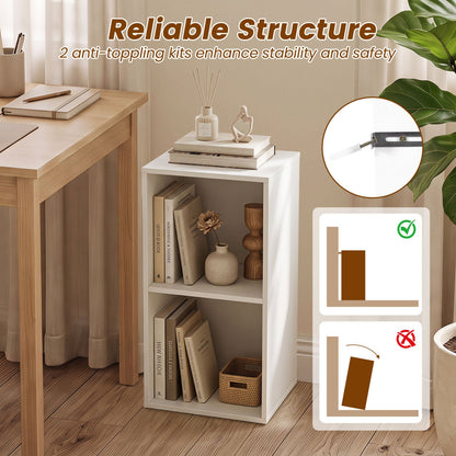 2-Cube Bookshelf White by DirectDeals with anti-tipping kit, compact white storage beside a wooden desk on Tampa Home & Garden Store