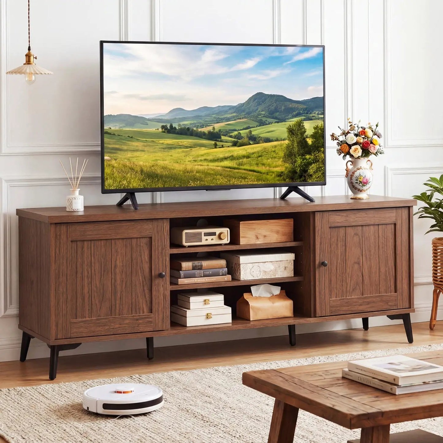 2-Door TV Stand for 65-Inch TVs, Mid Century