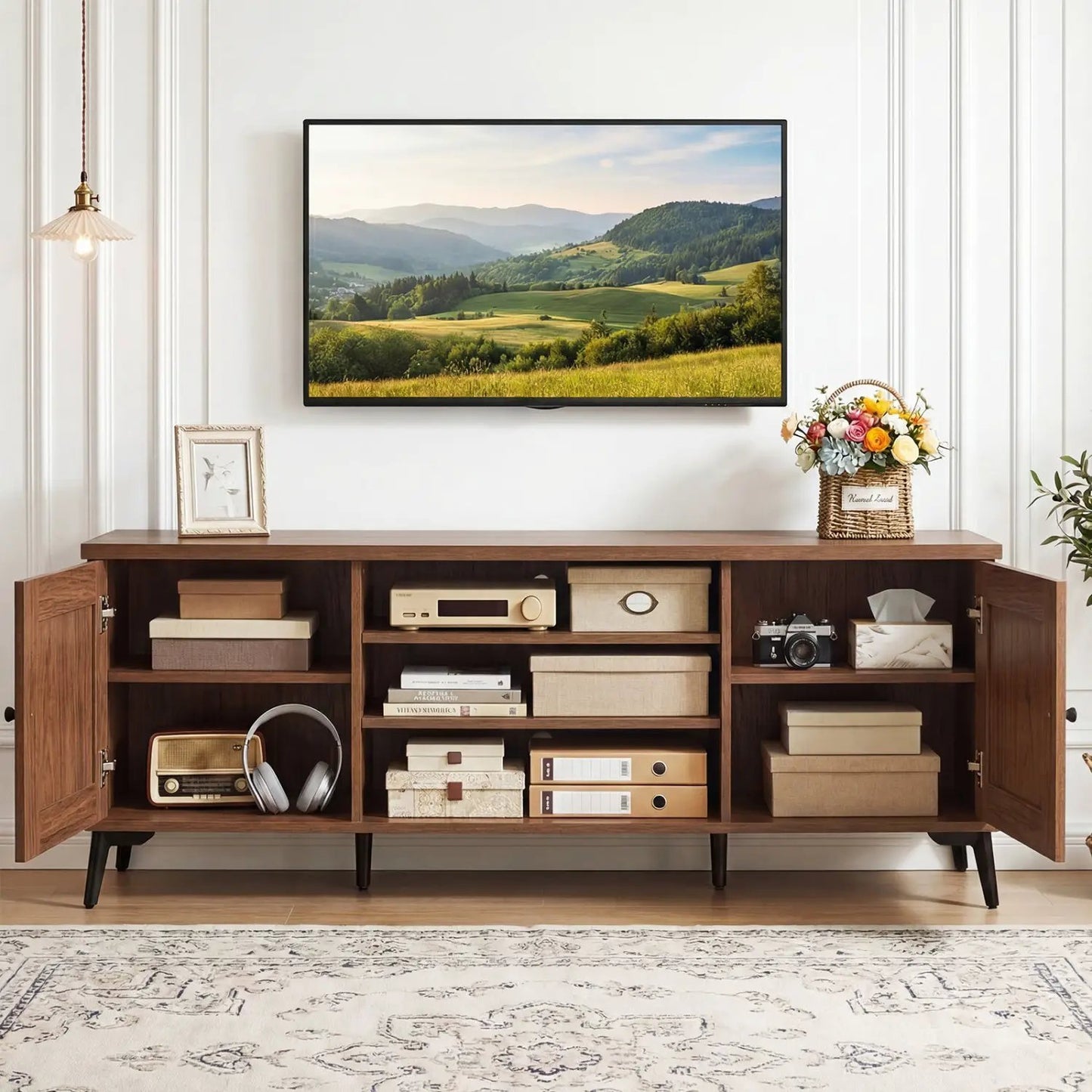 2-Door TV Stand for 65-Inch TVs, Mid Century