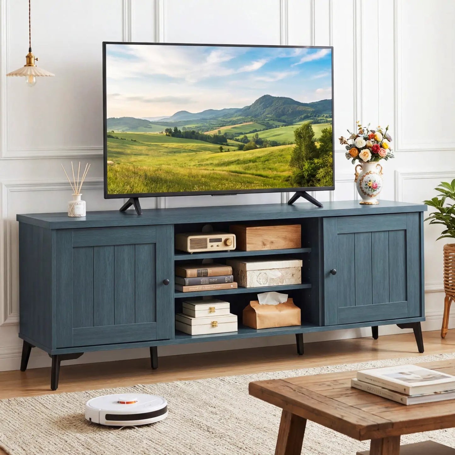 2-Door TV Stand for 65-Inch TVs, Mid Century