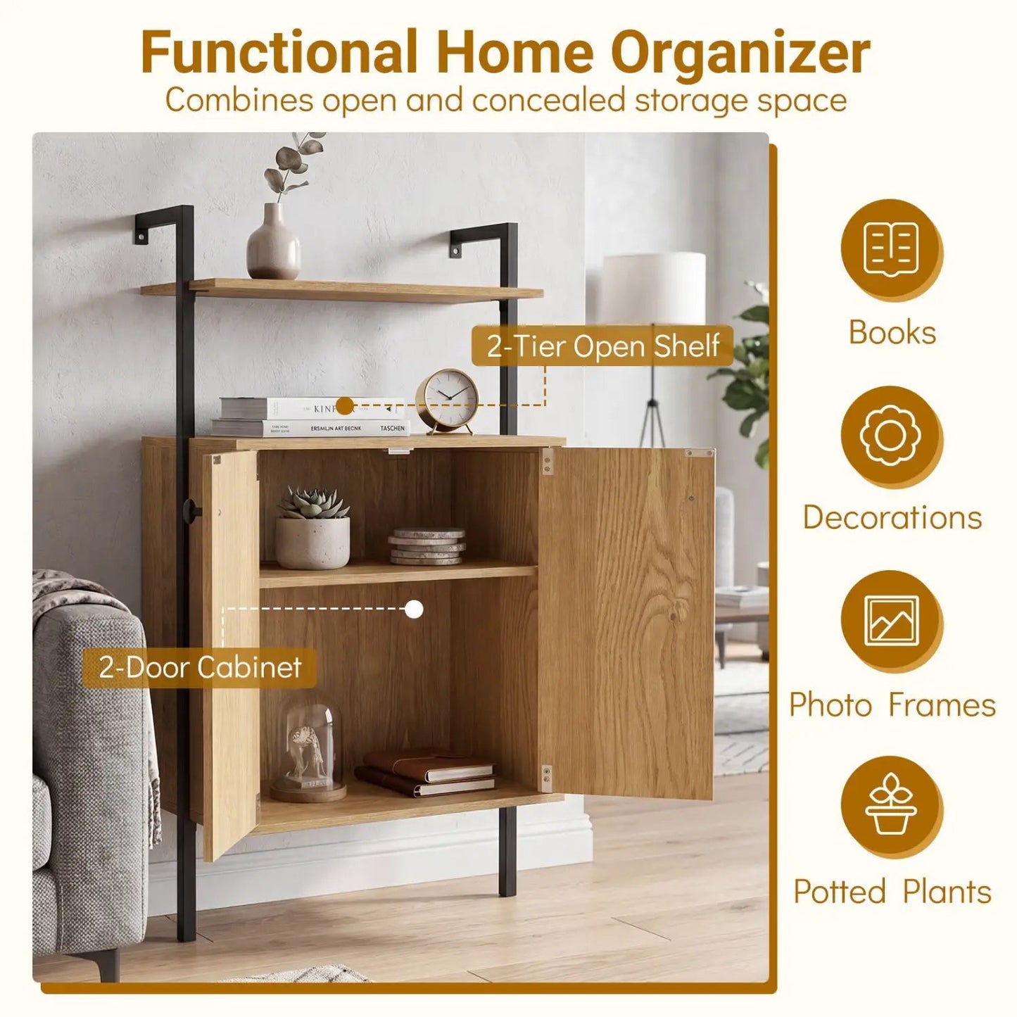 2 Door Wall Mount Bookshelf with Storage Cabinet