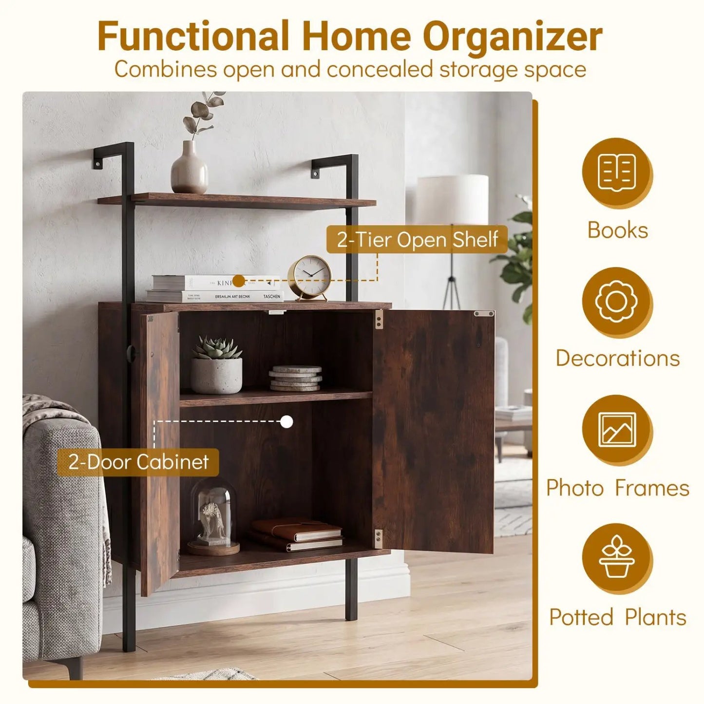 2 Door Wall Mount Bookshelf with Storage Cabinet