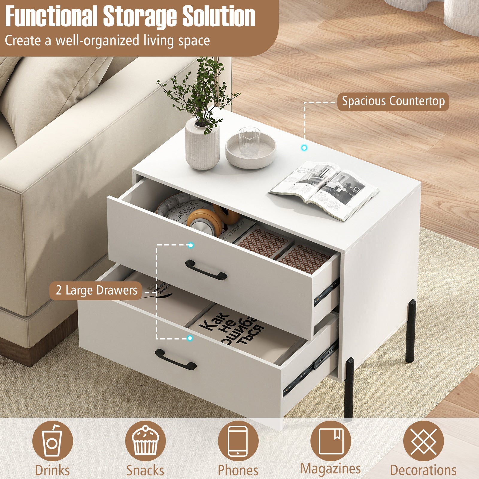 2-Drawer Dresser Modern Wooden Nightstand Set of 2-White - Tampa Home & Garden Store