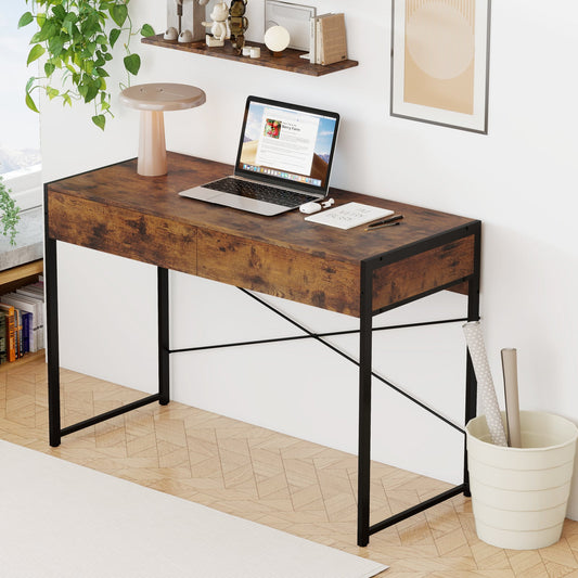 2-Drawer Home Office Desk with Steel Frame-Brown - Tampa Home & Garden Store