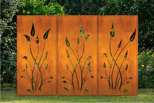 Outdoor metal privacy panels Rustica Ornamentals rust-orange steel leaf cutouts, 3-panel on Tampa Home & Garden Store