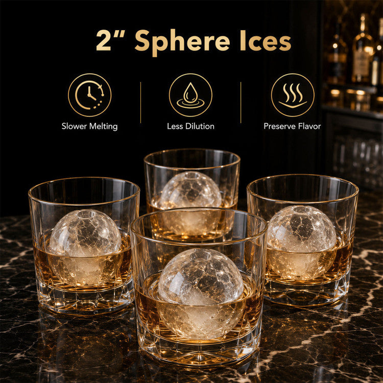 Countertop Ice Ball Maker for 2-in spheres by DirectDeals; four clear glasses with spheres on Tampa Home & Garden Store