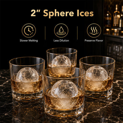 Countertop Ice Ball Maker for 2-in spheres by DirectDeals; four clear glasses with spheres on Tampa Home & Garden Store