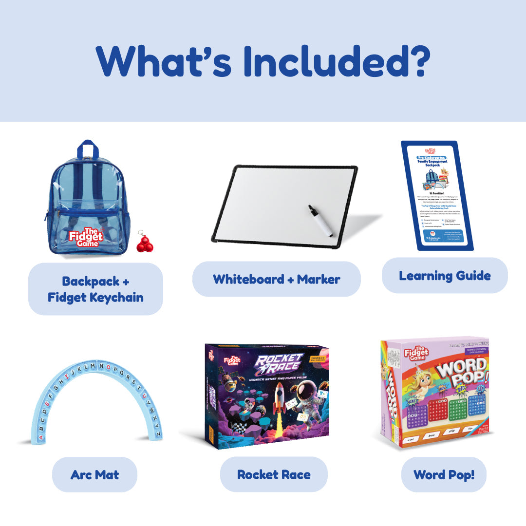 Kindergarten Readiness set: Backpack + Fidget Keychain, Whiteboard + Marker Arc Mat Word Pop on Tampa Home & Garden Store