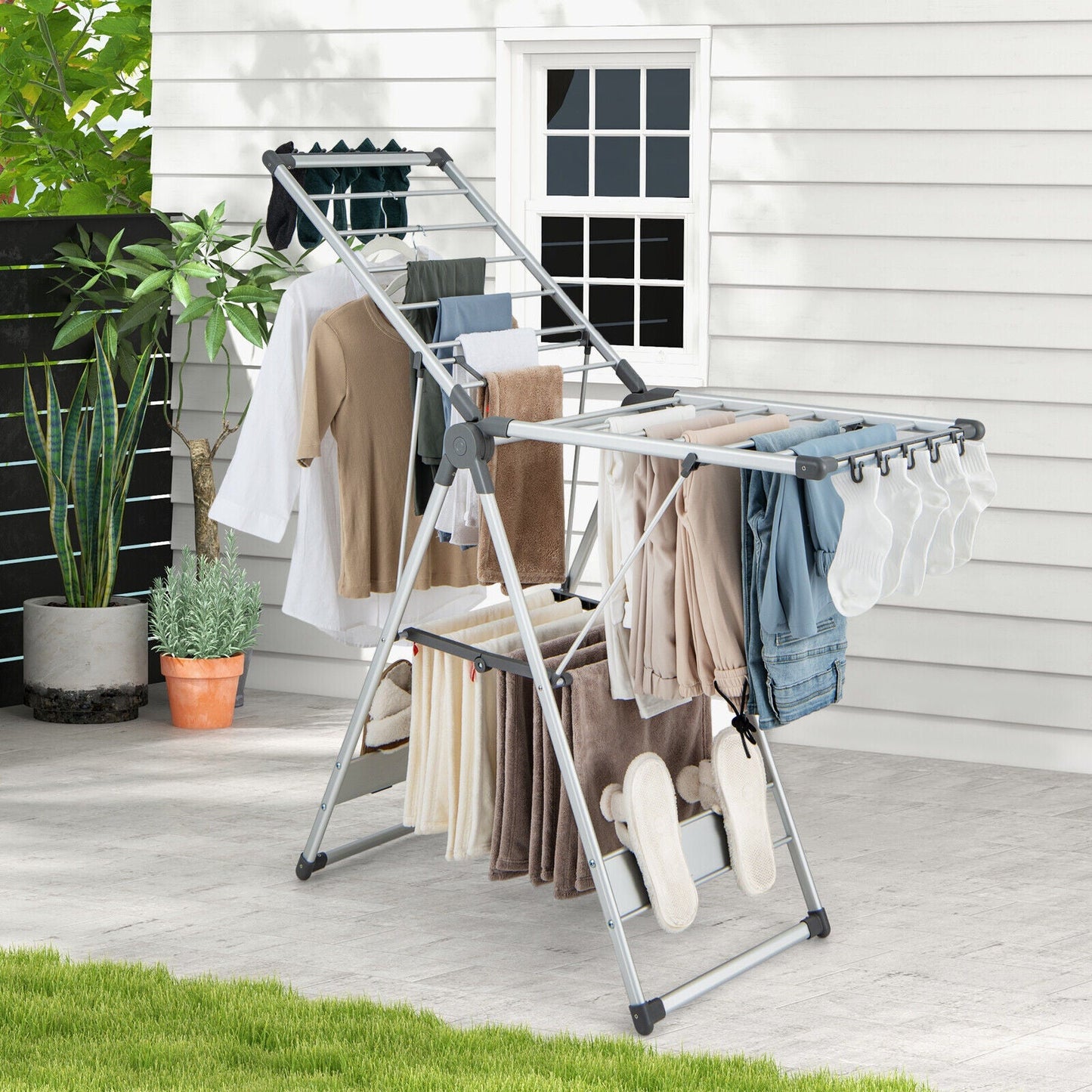 Tendedero Plegable de 2 Niveles con Altura Ajustable en 5 Posiciones