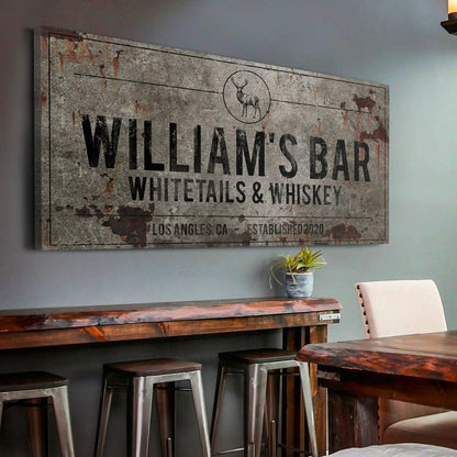 Whitetails and Whiskey canvas sign with deer emblem and weathered rust-gray finish on Tampa Home & Garden Store