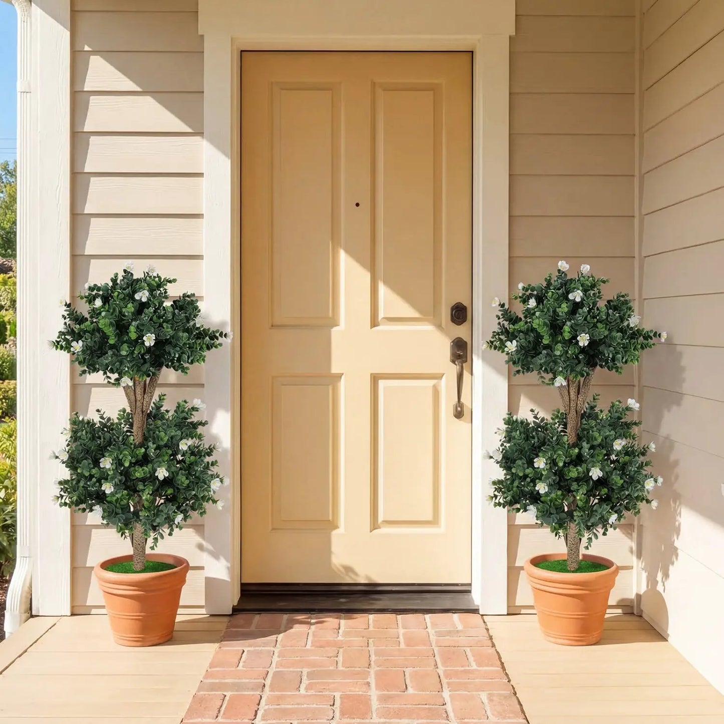 2 Pack 36" Artificial Double Ball Boxwood Topiary Tree with 41 Blossoms