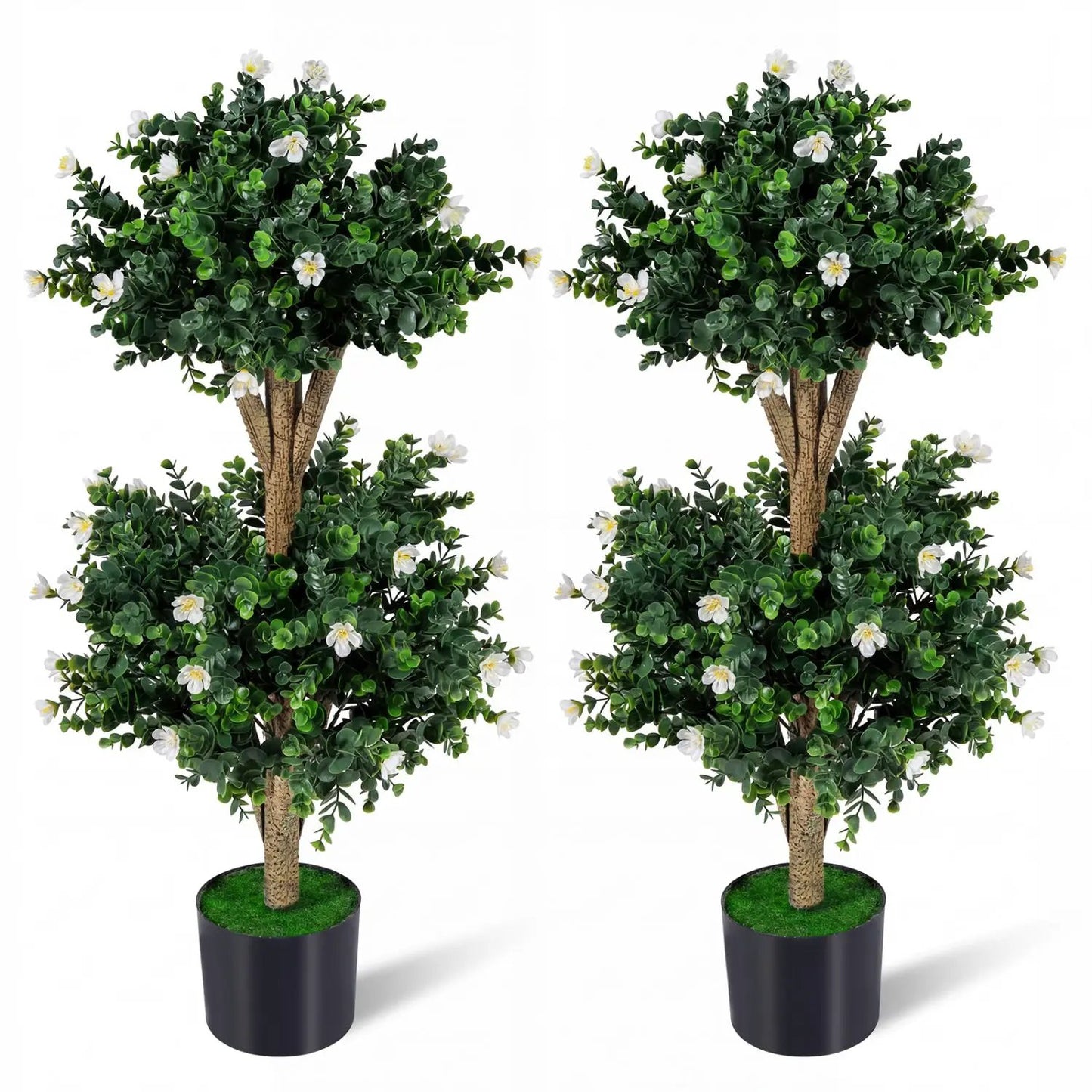 2 Pack 36" Artificial Double Ball Boxwood Topiary Tree with 41 Blossoms