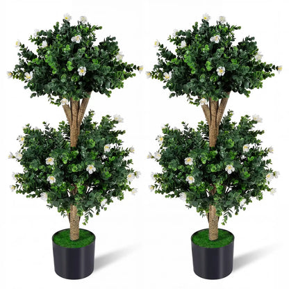 2 Pack 36" Artificial Double Ball Boxwood Topiary Tree with 41 Blossoms