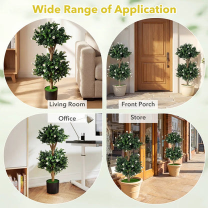 2 Pack 36" Artificial Double Ball Boxwood Topiary Tree with 41 Blossoms