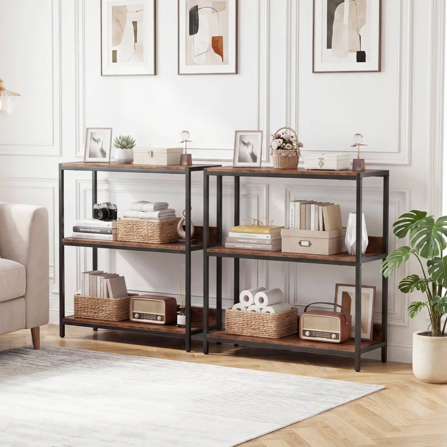 2 Pack 3 Tier Bookshelf with Metal Frame