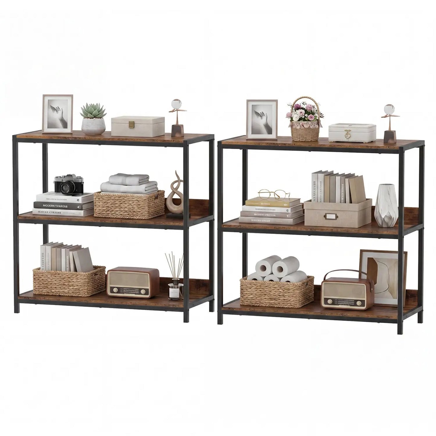 2 Pack 3 Tier Bookshelf with Metal Frame