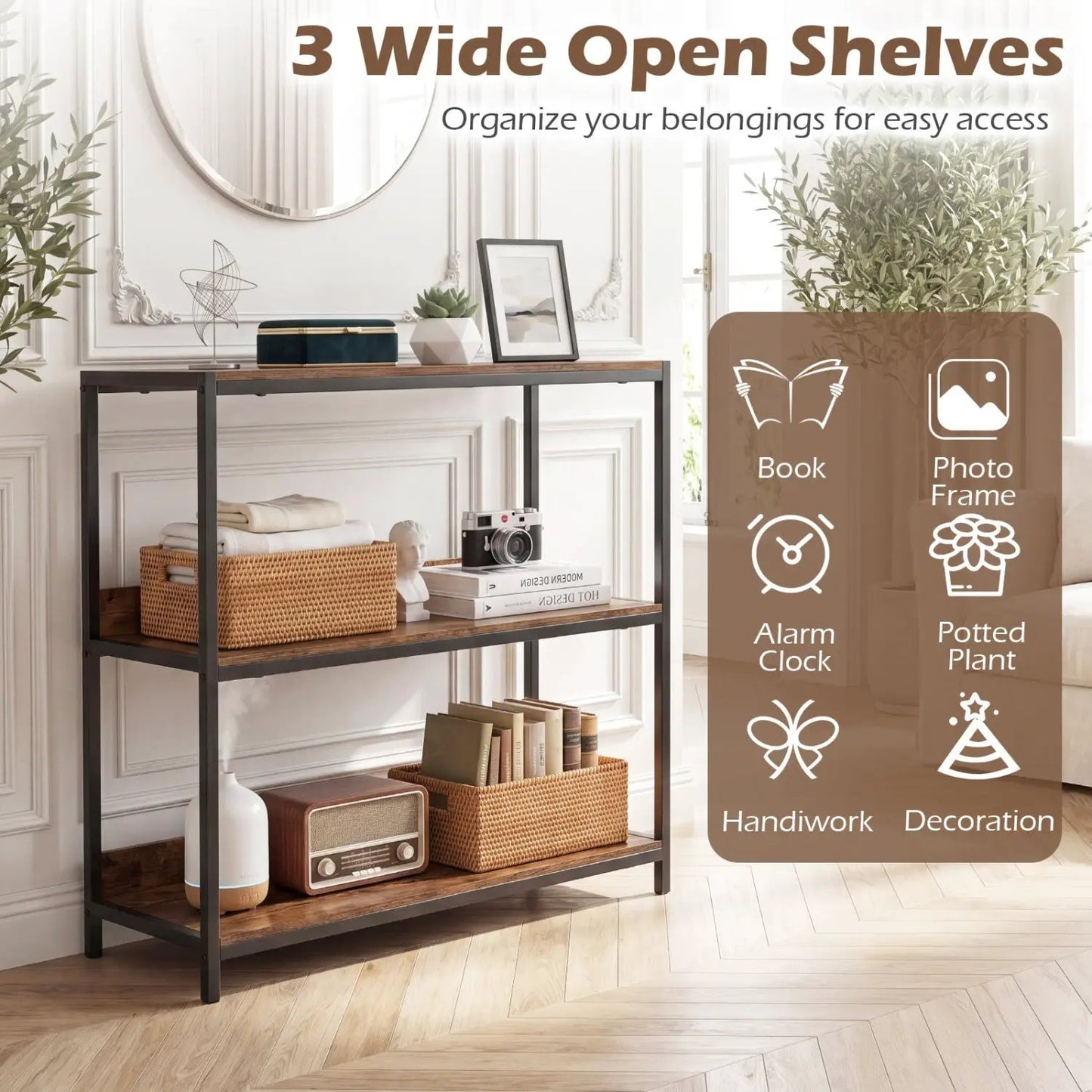 2 Pack 3 Tier Bookshelf with Metal Frame