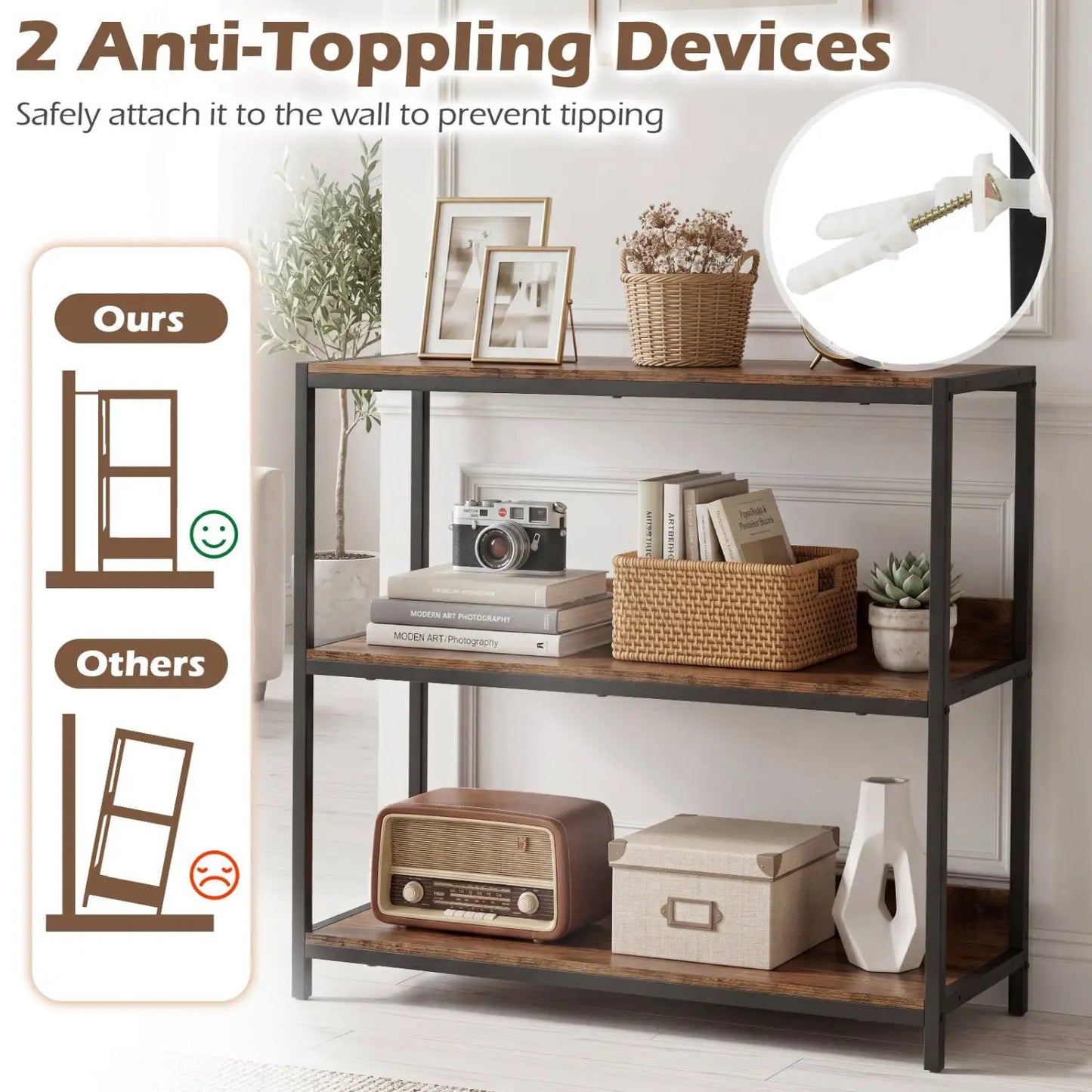2 Pack 3 Tier Bookshelf with Metal Frame