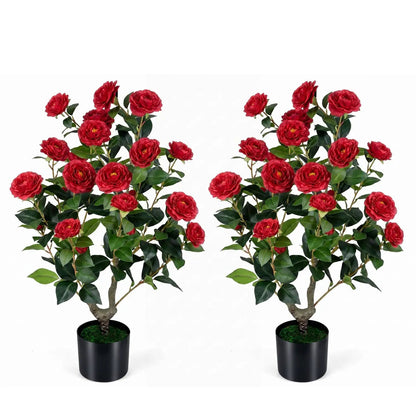 Artificial Camellia Tree in Cement Pot Two Pack