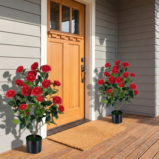 Artificial Camellia Tree in Cement Pot, 35.5 in, DirectDeals, red blooms, 2-pack on Tampa Home & Garden Store