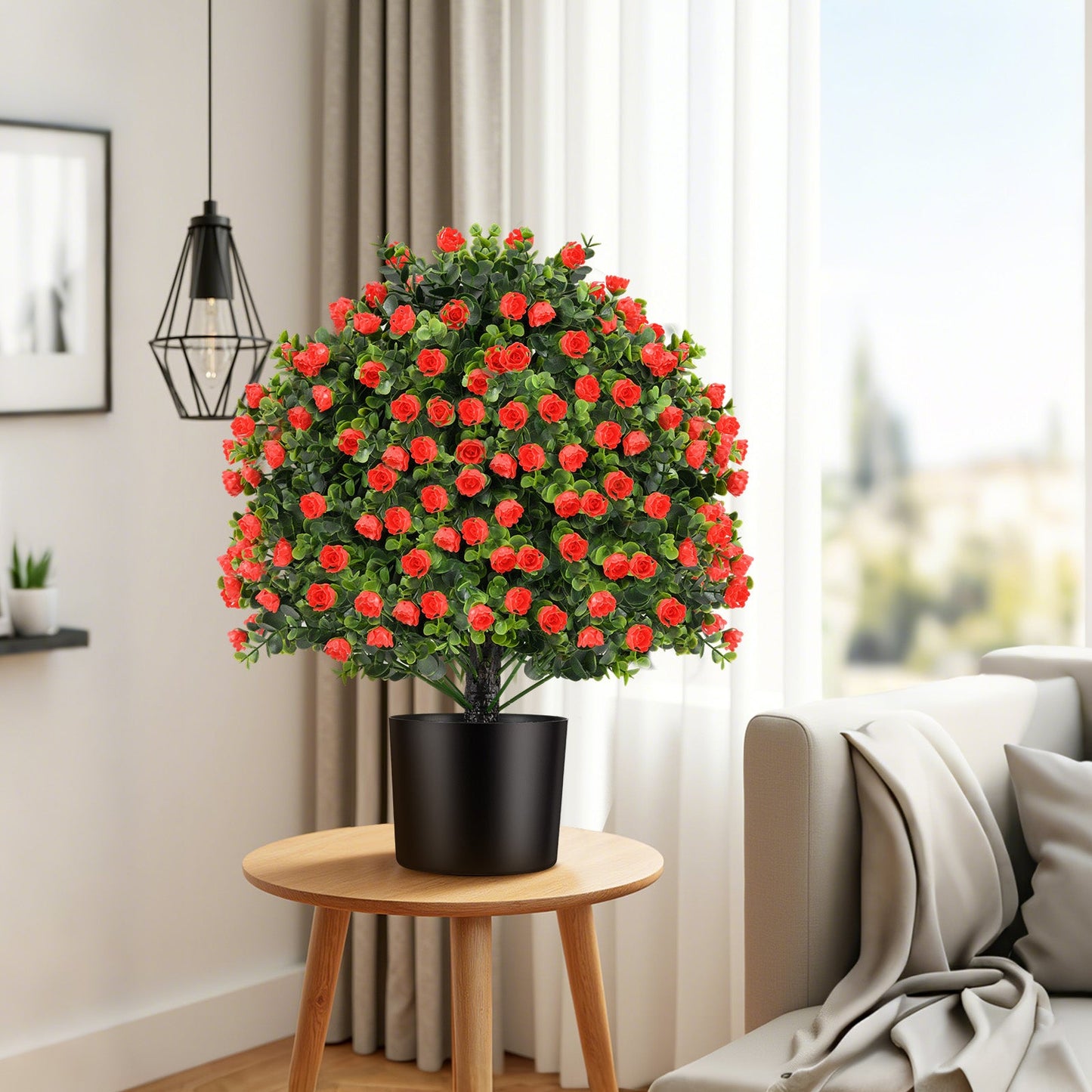 2 Pack Artificial Rose Topiary Ball Tree Faux Shrub Bushes with Flowers-Red