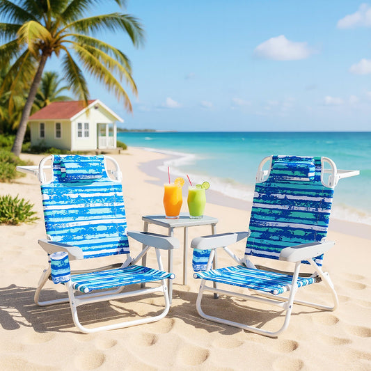 2 Pack Folding Beach Chair with Adjustable Positions and Head Pillow - Tampa Home & Garden Store