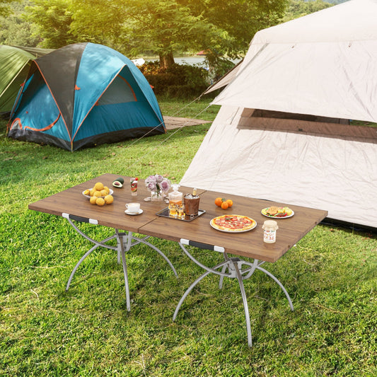 2-pack folding camping tables with wood-grain tabletops in natural color, GemGear camp furniture on Tampa Home & Garden Store