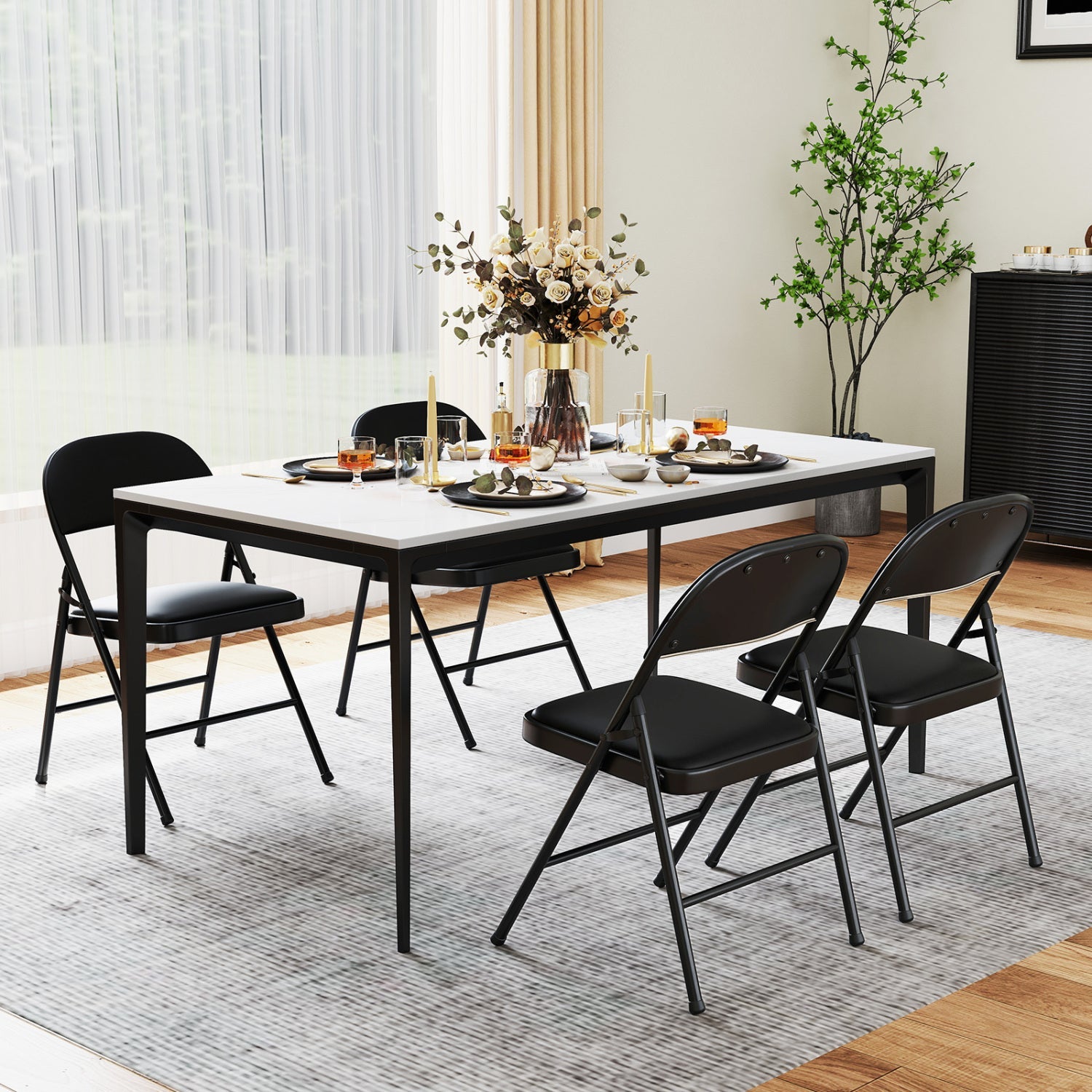 DirectDeals folding conference chairs 4-pack with black padded seats around a white table on Tampa Home & Garden Store