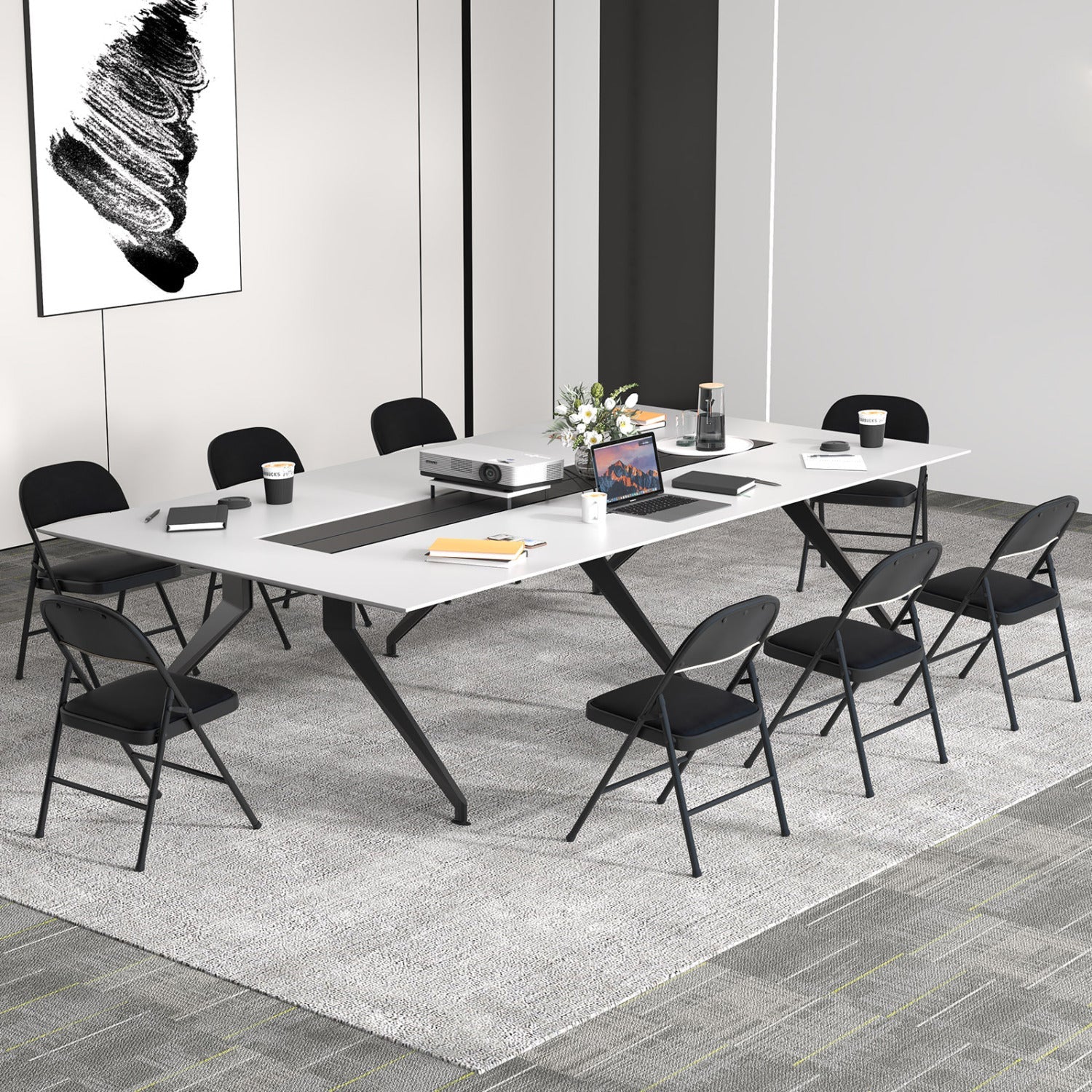 Folding conference chairs 4-pack with padded seats, black, DirectDeals, arranged around a long conference table on Tampa Home & Garden Store