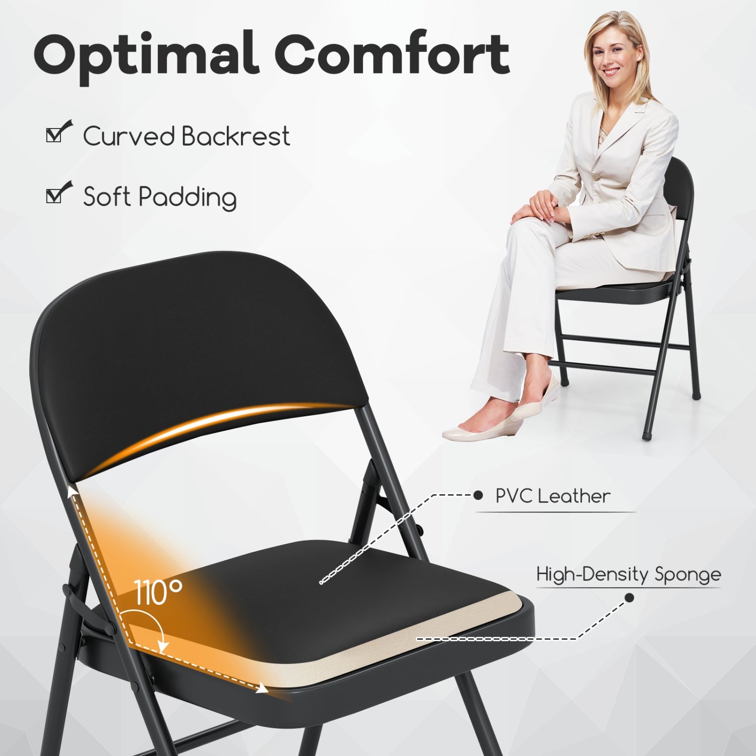 Folding conference chairs 4-pack with padded seats in black, curved backrest, high-density foam on Tampa Home & Garden Store