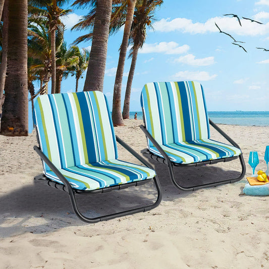 2 Pack Low Folding Beach Chairs for Adults with Cushion-Blue - Tampa Home & Garden Store