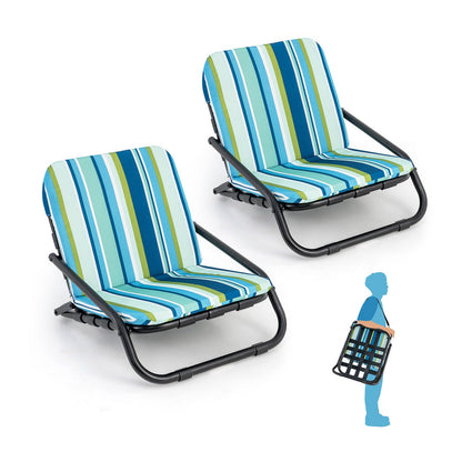 Paquete de 2 sillas de playa plegables bajas para adultos con cojín - Azul