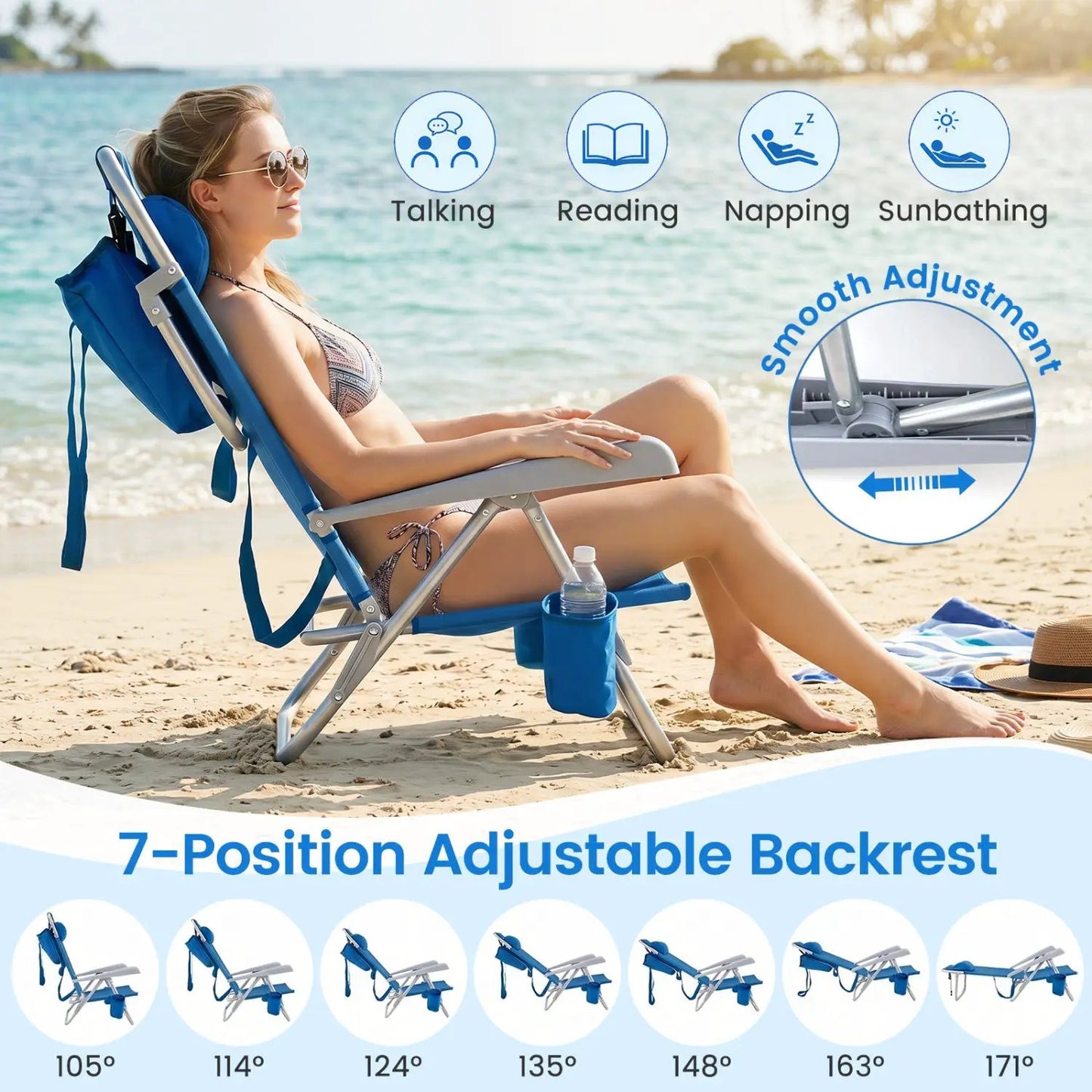 Folding Beach Chair Featuring 7 Position Backrest