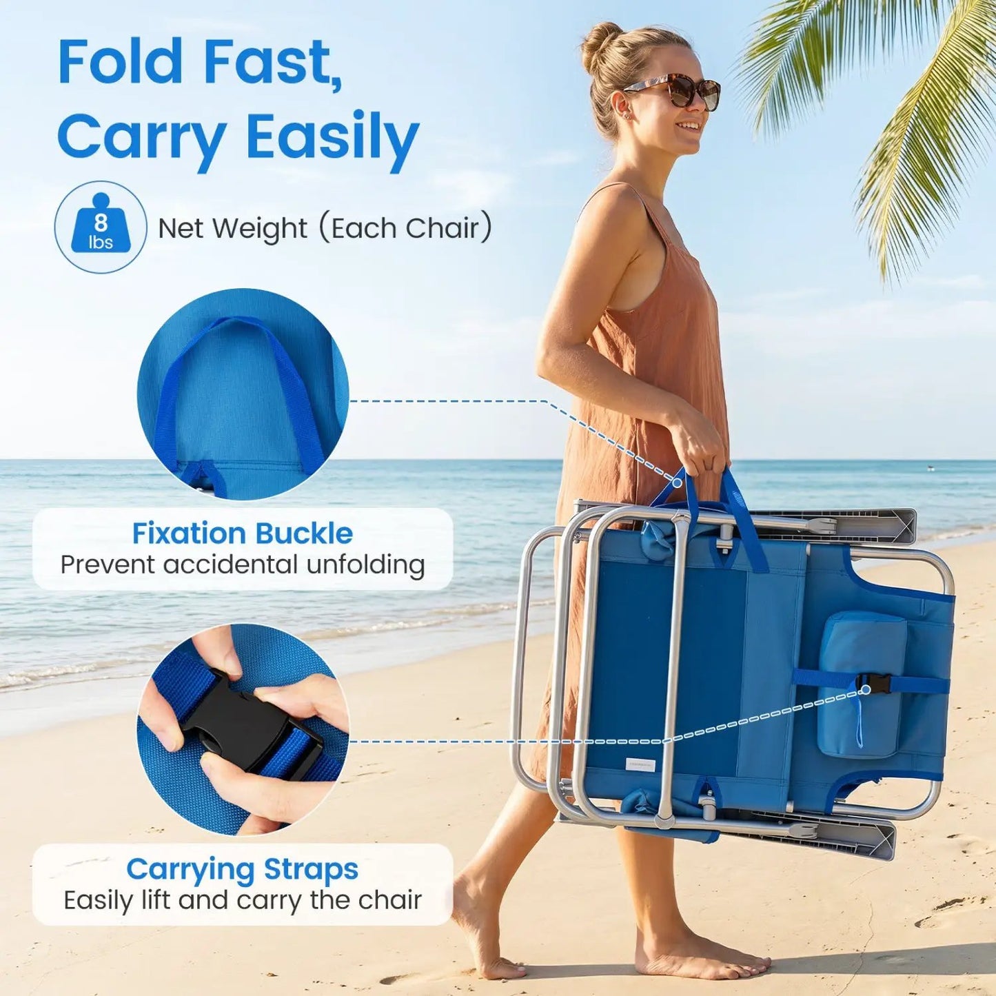 Folding Beach Chair Featuring 7 Position Backrest