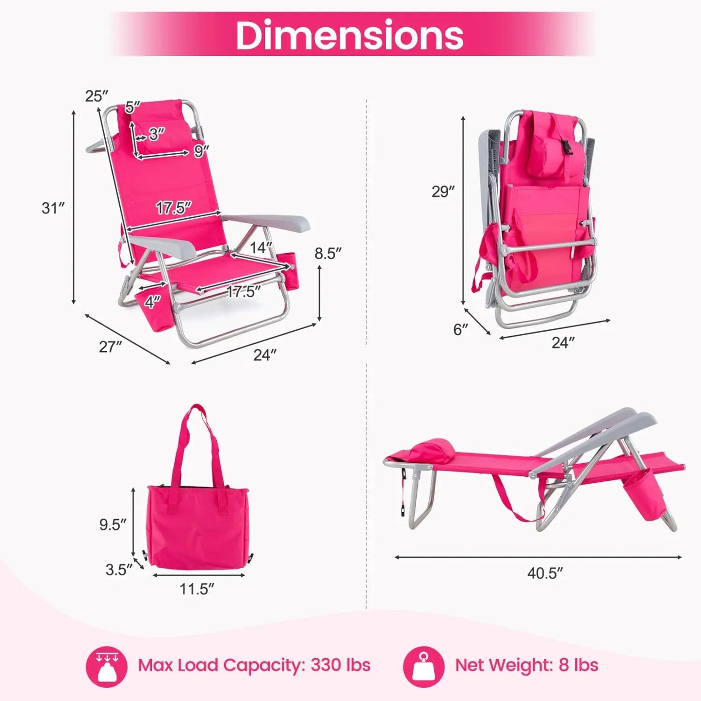 Folding Beach Chair Featuring 7 Position Backrest