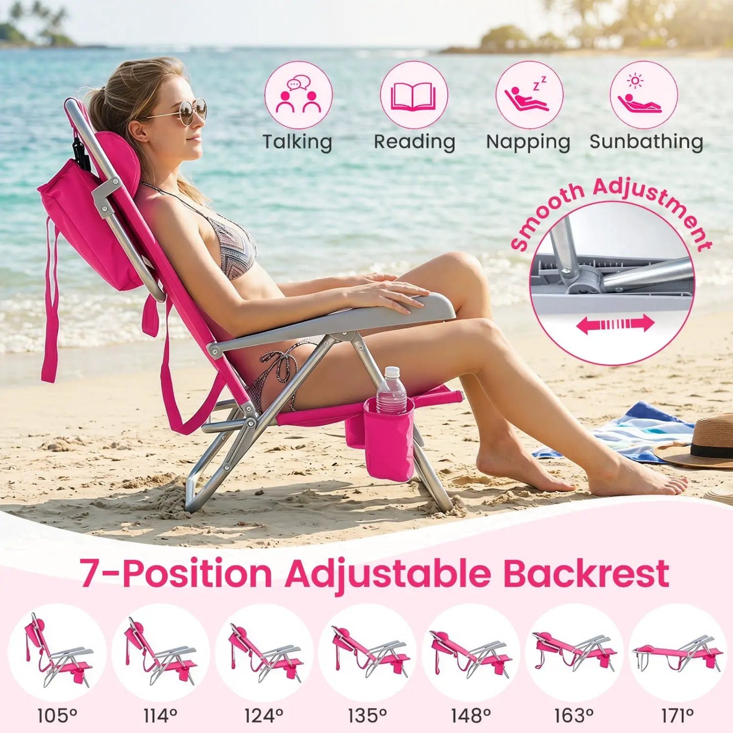 Folding Beach Chair Featuring 7 Position Backrest