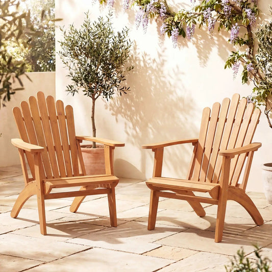 DirectDeals Stackable Adirondack Chairs in solid acacia wood, natural finish, 2-pack on patio on Tampa Home & Garden Store