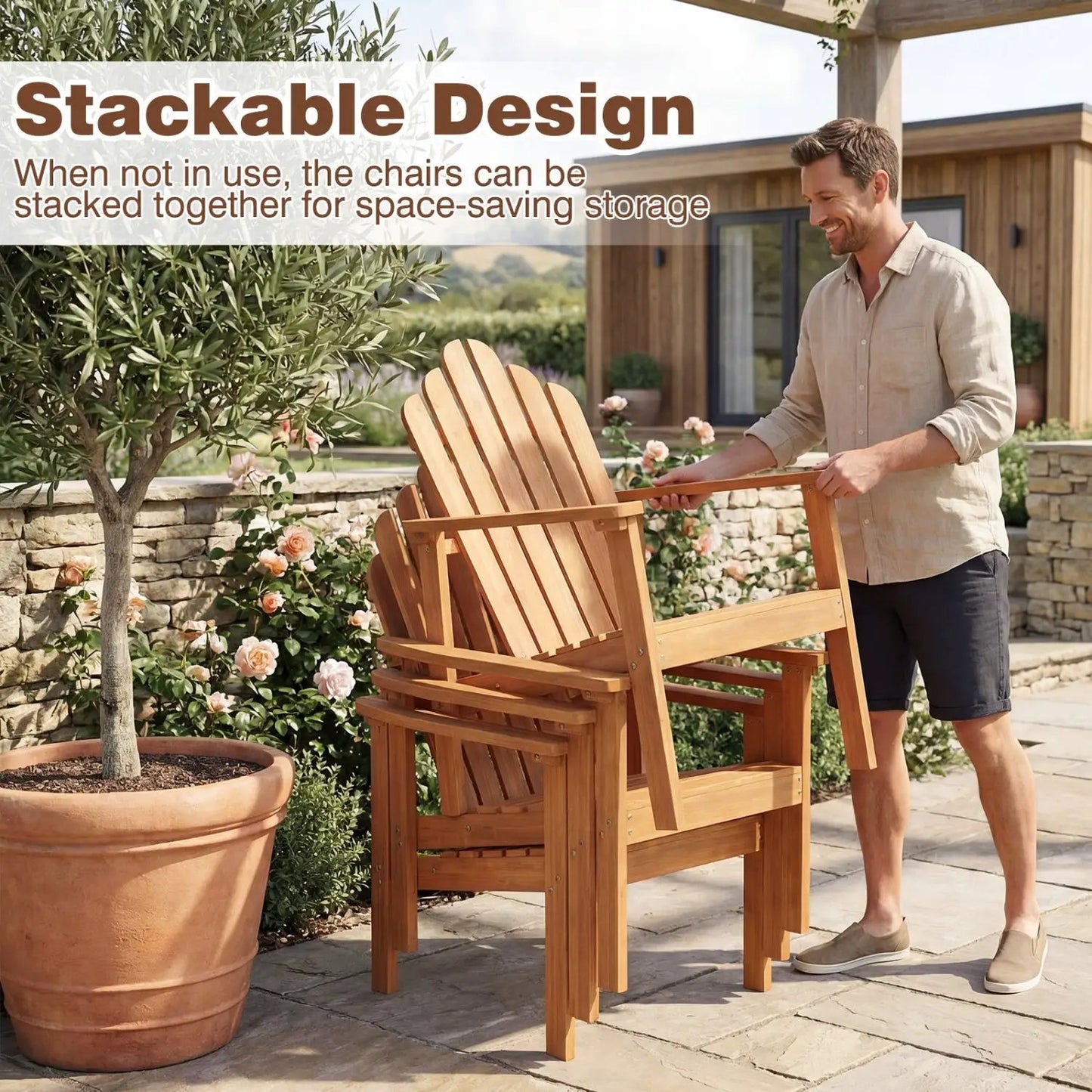 Stackable Adirondack Chairs Acacia Wood 2 Pack