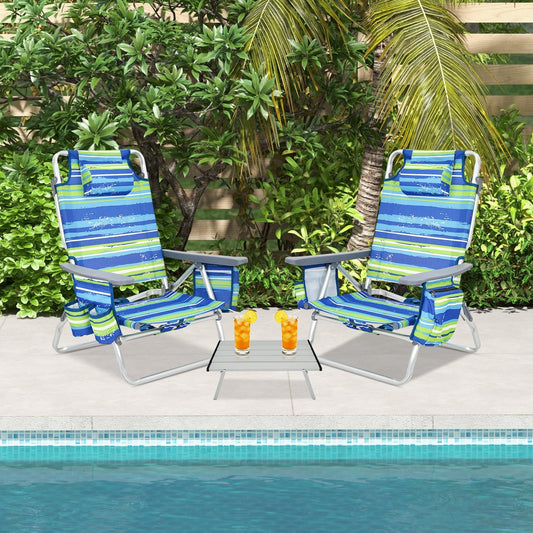 GemGear 2-pack outdoor folding reclining beach chairs with blue-green striped fabric and cushions on Tampa Home & Garden Store
