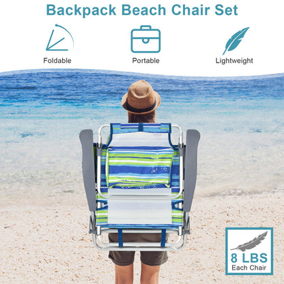 GemGear 2-pack 5-position outdoor folding backpack beach chairs, striped blue-green fabric on Tampa Home & Garden Store