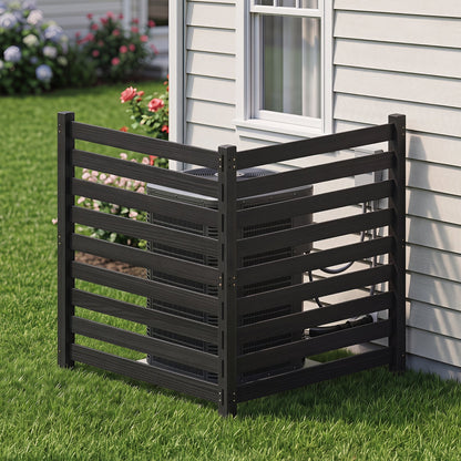 2-panel dark brown wooden outdoor privacy fence around an AC condenser beside a beige house on Tampa Home & Garden Store
