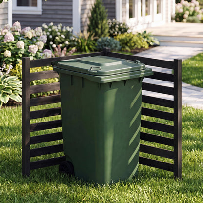 2-panel wooden outdoor privacy fence by DirectDeals around a green wheeled trash bin in a garden on Tampa Home & Garden Store