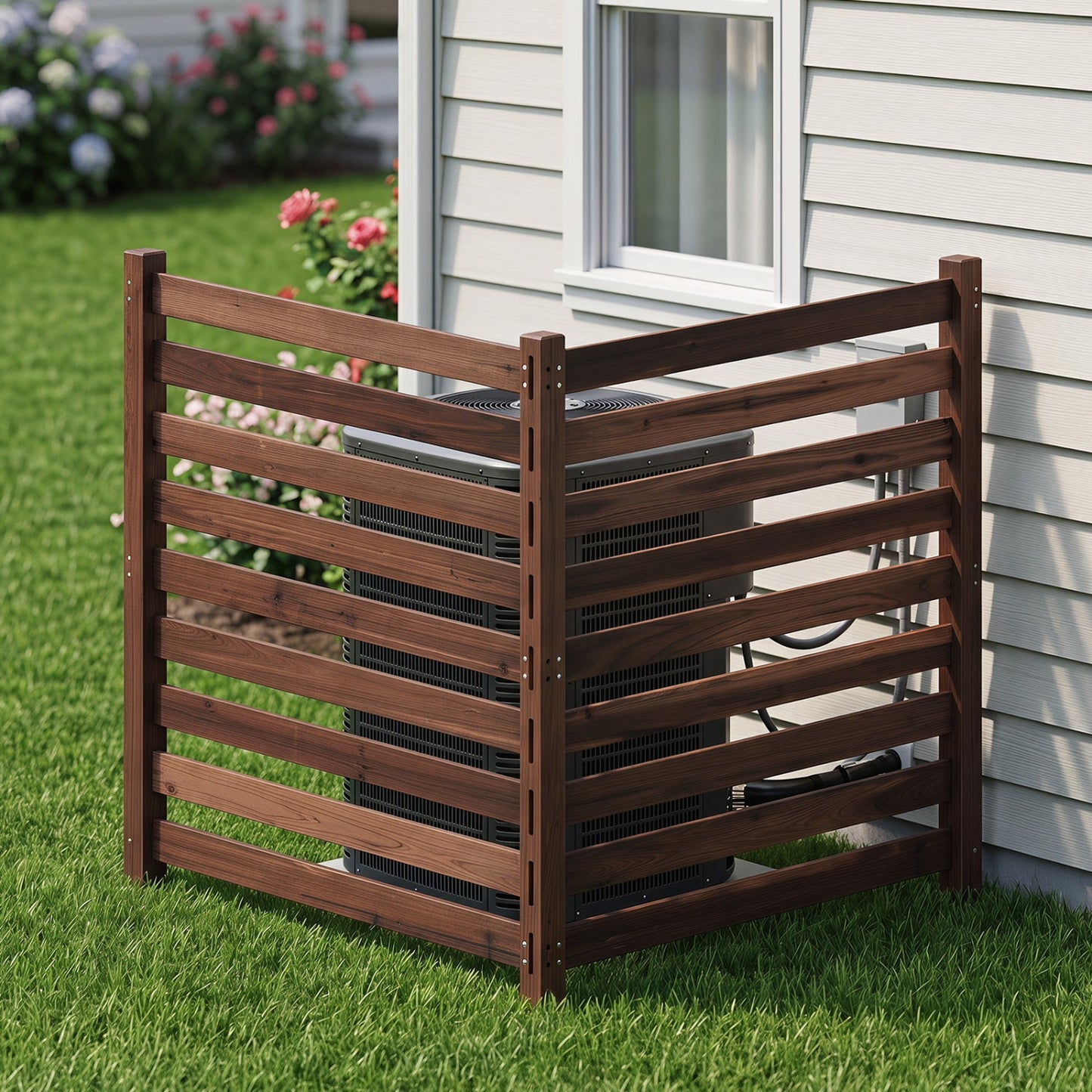 2-panel brown wooden outdoor privacy screen with ground stakes around an AC unit DirectDeals on Tampa Home & Garden Store